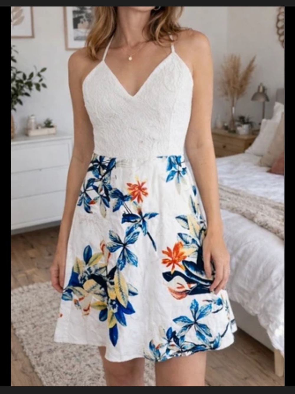 White Floral Lace Halter Dress | Open Back Fit & Flare | Summer / Vacation